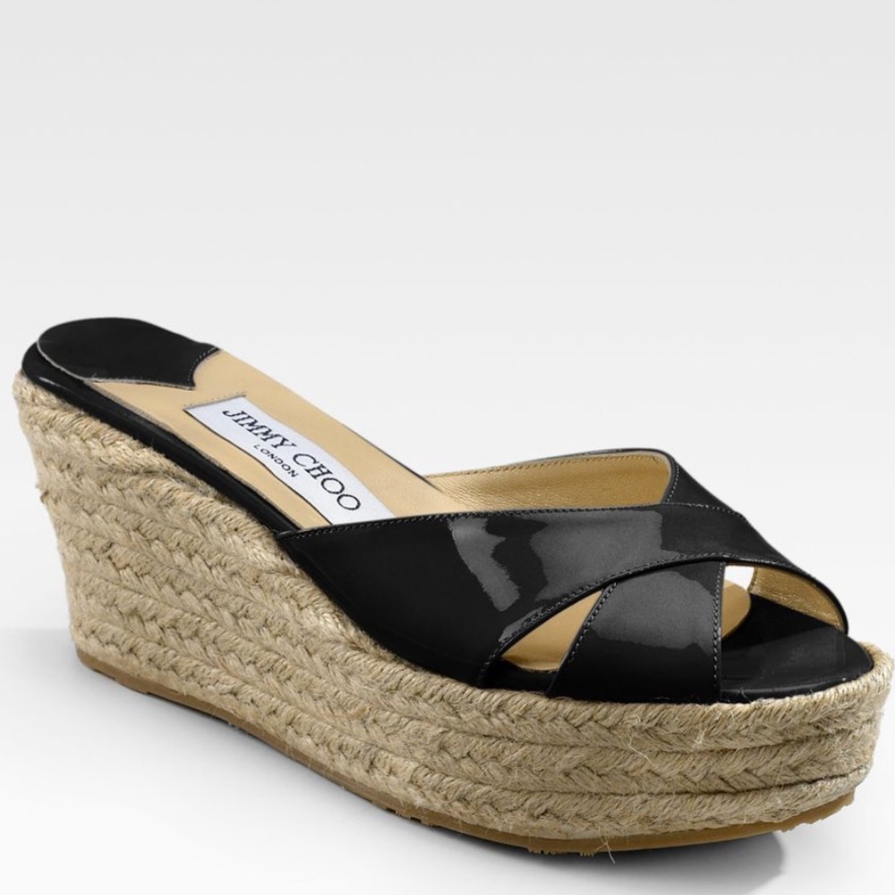 Jimmy Choo Black Paisley Patent Leather Wedge Espadrille Slides Size 39/9